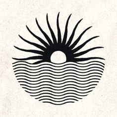 a black and white drawing of the sun over water with waves in front of it