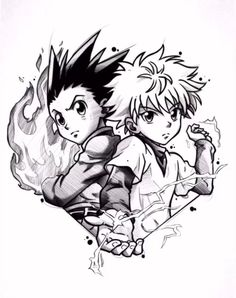 an ink drawing of two anime characters