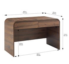 an image of a desk with measurements for the top and bottom section, including two drawers