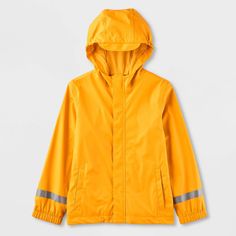 Update your kiddo's wardrobe for rainy-weather days with this Solid Rain Coat from Cat & Jack™. Made from water- and wind-resistant material, this hooded raincoat keeps your child dry and comfy at all times. The front placket with a full-length zipper allows for easy on and off, while the two welt pockets provide space for stashing small essentials. They can layer it over a range of their outfits for versatile and functional styling. Cat & Jack™: Designed for all children so you can trust it's m Hooded Raincoat For Spring Playtime, Hooded Fall Raincoat For Playtime, Playful Hooded Raincoat For Fall, Yellow Raincoat For Fall Outdoor Use, Yellow Raincoat For Outdoor Use In Fall, Casual Long Sleeve School Raincoat, Yellow Weatherproof Raincoat For Fall, Yellow Weatherproof Fall Raincoat, Casual Yellow Weatherproof Raincoat