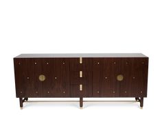 the sideboard is made out of wood and has brass handles