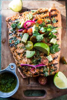 grilled salmon with cilantro, red onion, and avocado salsa