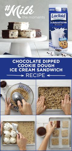 chocolate dipped cookie dough and ice cream sandwich recipe with instructions on how to make it