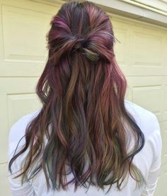 Subtle Streaks Of Color In Hair, Subtle Funky Hair Color, Professional Fun Hair Color, Alternate Hair Color, Bright Colored Hair For Brunettes, Subtle Bright Colored Hair, Hidden Vivid Hair Color, Touch Of Color Hair, Partial Vivid Hair