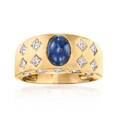 Ross-Simons - C. 1980 Vintage 2.00ct Sapphire, .25ct t. w. Diamond Ring Oval Cut Size 6.5. C. 1980. Uniquely versatile with its 3/8" wide band design, this ultra-chic Estate collection ring features a 2.00 carat oval sapphire cabochon in a low-profile setting of 14kt yellow gold. Sparked all over with .25 ct. t. w. round brilliant-cut diamonds in 14kt white gold, it's a stunning statement enhanced by brushed and polished finishes for a distinct and sophisticated look. Diamond and sapphire ring. Diamond And Sapphire Ring, Vintage Sapphire Ring, Multi Gemstone Necklace, Sapphire Cabochon, Antique Jewelry Rings, Sapphire Birthstone, Gold C, Sapphire Band, Vintage Sapphire