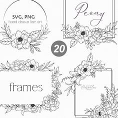 four frames with flowers and leaves on them, one has the number 20 in it