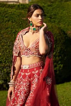 Red can can attached lehenga featuring zardozi embroidered floral vine motifs, embellished by sequins, pearls and beads. Comes with padded embroidered blouse and embroidered cut-out border dupatta. - Aza Fashions Red V-neck Choli For Wedding, Red Bollywood V-neck Set, Red V-neck Bollywood Set, Red Embroidered V-neck Set, Red Can, Red Lehenga, Bridal Lehengas, Can Can, Floral Vine