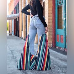 Stonewash Denim Jeans With Serape And Front Belt. Can Be Paired With Any Of Your Favorite Tops. Western Boutique Clothing, Printed Bell Bottoms, Chic Prom Dresses, Unique Jeans, Spring Outfits Dresses, Cute Country Outfits, 70s Outfits, Patterned Jeans, Bottom Jeans