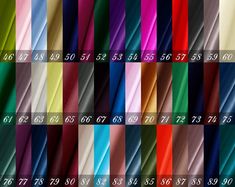 many colors of satin fabric are shown in this image, and the number is on each side