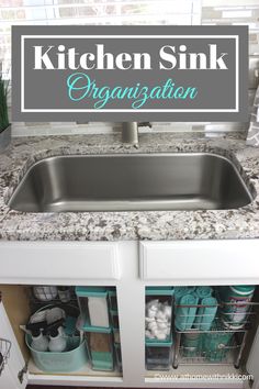 a kitchen sink with the words kitchen sink organization above it in front of an organized cabinet