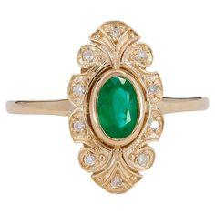 14 k solid gold ring with natural emerald and diamonds. May birthstone ring. 14k solid gold Total weight: 3.4 g. depends from size Natural gemstones (all are tested by professional gemmologist): Emerald: oval cut, weight - 0.70 ct, transparent with inclusions, green color Diamonds: 10 pieces x 0.01 ct - 0.10 ct total, H/ SI, round brilliant cut. Emerald Gold Ring, Mens Emerald Rings, Art Deco Emerald, Art Deco Emerald Ring, Emerald Ring Vintage, Emerald Wedding Rings, Vintage Gold Rings, Vintage Inspired Rings, Zierlicher Ring