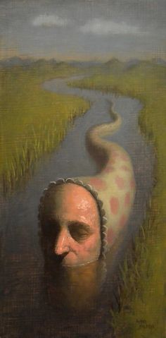 an oil painting of a man in the middle of a river with his head submerged in water