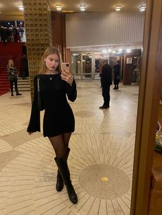 Outfits With High Black Boots, Outfits With Black High Boots, Black Skirt Knee High Boots, Black Dress And Knee High Boots, Mini Dress And Tights Outfit, Boots Outfit Night Out, Black Dress Black Boots Outfit, Going Out Dress Outfits, Black Heels With Tights