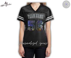 Personalize your Football Jersey. **All basic colors available **Shipping of this item takes 5 business days.  Includes Custom Team name and number on the front. **The iron on transfer option includes 1 design for the front. **Shirt is not included. If you want the design in front and back please use the following link: https://www.etsy.com/listing/1557662891/womens-custom-bling-football-jersey?ref=listings_manager_grid PLEASE READ BEFORE ORDERING 1️⃣✨Please let us know Team name and name and numbers  for the back After receiving your information and your order is placed, our specialized graphic design team will create a professional mockup and send it to you within 1-4 business days, with most cases being completed within 1 day. Please ensure that your Etsy messages notifications are turn Glitter Logo, Custom Bling, Custom Glitter, Fan Shirts, Custom Jerseys, Team Names, Football Jersey, Football Jerseys, Basic Colors