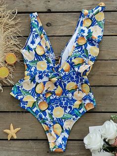 Ebeek - Lemon Print Ruffle Trim Asymmetric One Piece Swimsuit, Deep V-Neck High-Cut Stretchy Elegant Bathing Suit, Ideal for Beach and Pool, Womens Swimwear & Clothing Ruffle Pattern, 1 Piece Swimsuit, Lemon Print, Swimwear Outfit, High Cut, Ruffle Trim, Deep V Neck, Deep V, Bathing Suit