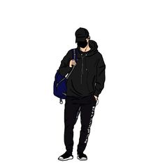 a drawing of a man with a blue backpack and black hoodie standing in front of a white background