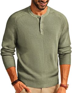 PRICES MAY VARY. Soft & Comfy --- Me henley sweater is made of elastic fabric, lightweight, stretch, soft and comfortable to wear. Men casual knit sweater with regular fit design close to the body will keep you warm and comfortable in winter Henley Collar --- With 3 button front neckline, raglan sleeves, crewneck designed, the men's henley knit sweater will add a touch of fashion style to your casual or office looking. Also as a knitting henley shirt for casual outings and could be dressed up as Waffle Henley, Thanksgiving Sweater, Sweaters Men, Henley Sweater, Crewneck Design, Mens Sweater, Mens Henley, Casual Night Out, Family Pics