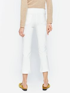 There's something about Ivy. Our newest Amelia Cloth Cloth pant - a cropped flare hem pant with a wide waistband is so of-the-moment and flattering. | J.McLaughlin Women's Ivy Pants White, Size 6 | Nylon/Spandex Chic Cropped Leg Elastane Pants, Chic Stretch Cropped Pants, Chic Stretch Cropped Leg Pants, White Cropped Leg Pants For Fall, Elastane Cropped Pants For Fall, Spring Elastane Capri-length Pants, Spring Elastane Capri Pants, Spring Capri Pants In Elastane, White Flare Bottoms For Workwear