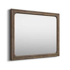 a mirror hanging on the wall with a wooden frame around it's edges and an empty space for text