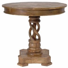 a wooden table with an intricate design on it's top and bottom, against a white background