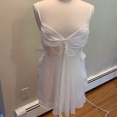 White Chiffon And Lace Night Gown With Satin Bows In Side And Matching Satin Bottoms. Never Worn. Excellent Condition. True To Size Large. Measurements: Side Seam To Side Seam: 15 Inches Shoulders To Hem: 31 Inches Coquette Night Dress, White V-neck Coquette Sleepwear, Sheer Camisole Nightgown For Wedding Night, Sheer Camisole Wedding Sleepwear, White Sheer Nightgown, Sheer Camisole Sleepwear For Wedding, Sheer White Sleepwear, White Coquette Nightgown For Sleep, Coquette White Wedding Sleepwear