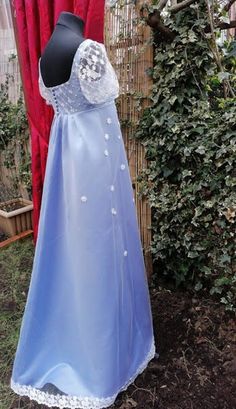 Custom Daphne Bridgerton Inspired Regency Dress Blue Regency | Etsy Blue Gown With Lace Bodice For Debutante Ball, Blue Lace Bodice Gown For Debutante Ball, Blue Ball Gown With Lace Bodice, Satin Dress With Lace Trim And Sweetheart Neckline, Blue Lace Dress For Debutante Ball, Blue Lace Bodice Ball Gown, Light Blue Lace Dress With Fitted Bodice, Satin Wedding Dress With Contrast Lace, Wedding Satin Dress With Contrast Lace