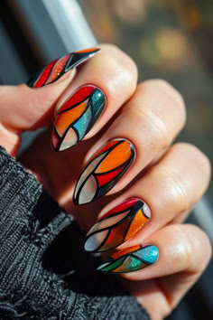 Stained Glass For December Celebrations Vibrant Nail Art Green And Red Nail Art, Nails Inspiration Holiday, Stained Glass Manicure, Letters Nail Art, Stained Glass Nail Art Design, Bold Nails Designs, Stained Glass Nail Art Tutorial, Stained Glass Nails Designs, Stain Glass Window Nails