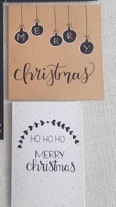 three christmas cards on top of each other, one with ornaments and the other with merry lettering