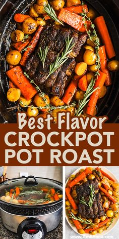 the best crockpot pot roast recipe is shown in this collage with images