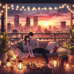 a man and woman sitting on top of a couch in front of a cityscape