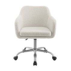 an office chair with wheels and a white upholstered fabric seat, viewed from the front