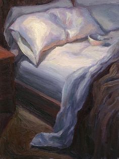 an oil painting of a bed with white sheets