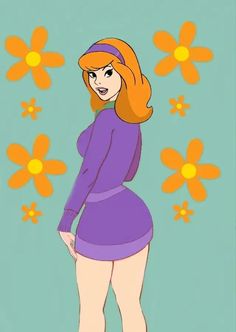 a cartoon girl in a purple dress standing next to some yellow and orange daisies