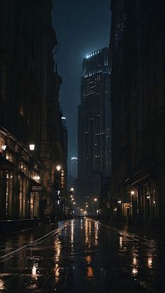 an empty city street at night with buildings lit up in the background and rain falling on the ground