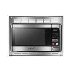 a stainless steel microwave oven on a white background