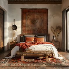 Discover a master bedroom in rustic boho style, blending earthy terracotta and brown hues. Features include a natural wood bed with white linen, an orange woolen blanket, woven rugs, pendant lamps, and textured walls. Large windows illuminate the bohemian accents and rustic decor, creating a cozy, sophisticated atmosphere. Bedroom Earthy Tones, Bedroom Earthy, Boho Master, Dark Wood Bedroom Furniture, Beautiful Bedroom Inspiration, Natural Wood Bed, Earthy Terracotta, Woolen Blanket, White Wall Bedroom