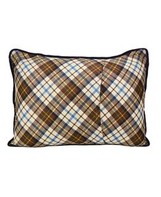 a brown and blue plaid pillow on a white background