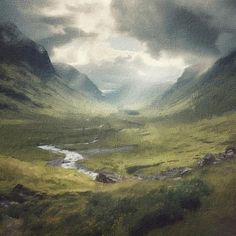 an oil painting of a valley with mountains in the background and a river running through it