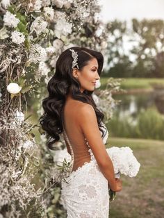 wedding hair inspo, wedding hairstyles, wedding hollywood glam waves, wedding hair for long hair, brunette wedding hair, brown wedding hair, bridal hairstyle, classic wedding hair, modern wedding hair Wedding Dresses Ivory, Bridal Hair Down, Outdoor Wedding Dress, Boho Wedding Dress Lace, Wedding Hair Inspiration, Wedding Hair Down, Lace Wedding Dresses, Bridesmaid Hairstyles