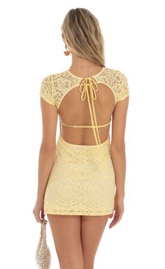 Flora Lace Open Back Mini Dress in Yellow | LUCY IN THE SKY Backless Short Dress, Open Back Mini Dress, Fits Aesthetic, Blue Swirl, Casual Day Dresses, Short Lace Dress, Yellow Lace, Halter Mini Dress, Straight Dress