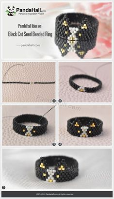 instructions to make a black cat beaded ring with gold and silver beads on it