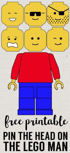 the lego man poster is shown with text that reads free printable pin the head on the