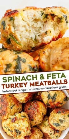 spinach and feta turkey meatballs in a white bowl