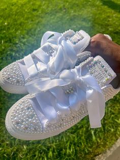 Blinged Chic Sneakers Add Some Sparkle To Your Wedding Day, Anniversary, Birthday Party, Sweet 16, Social Event Or Prom With These Authentic Custom Bling Low Top All Star Converse Encrusted With High Quality Crystals And White AB Pearls. Each Pair Of Sneakers Comes With:* Carrying Sneaker Bag (Original Box NOT Included )* White Satin Laces ( Original laces included ) * Small Repair Kit Interested In A Different Color? No Worries. Simply Contact Us With The Color Of Your Choice And We'll Be More Blinged Out Sneakers, Bedazzle Shoes, Bedazzled Sneakers, Sneaker Ball Outfit Ideas, Diamond Sneakers, Birthday Party Sweet 16, Bedazzled Converse, Bedazzled Shoes Diy, Quinceanera Shoes