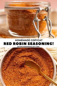 homemade red robin seasoning in a glass jar with a wooden spoon and text overlay that reads homemade copycat red robin seasoning