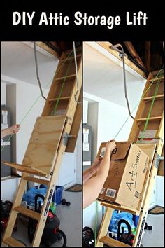 a man standing on top of a wooden ladder next to a box with writing on it