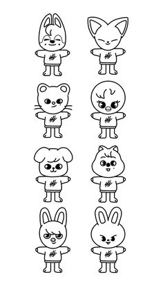 an image of some cartoon characters with different expressions on their faces and body parts, all in black and white