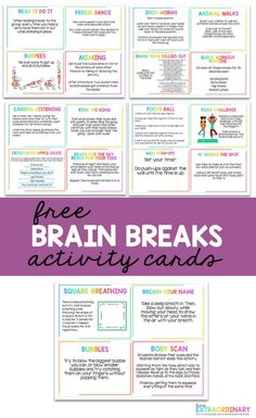 the free brain breaks activity cards are great for kids to use in their classroom or home