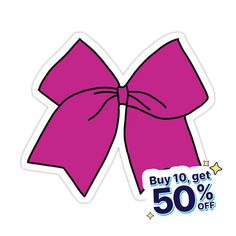 a pink bow sticker with the words buy 10 get 50 % off on it