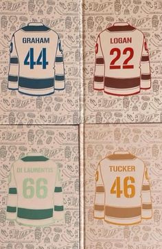 four different hockey jerseys with numbers on them